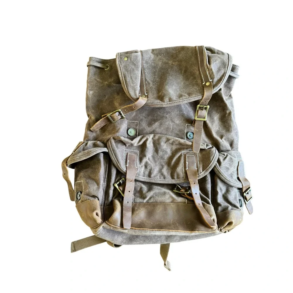 Vintage Style Waxed Canvas Leather Rucksack Backpack Buckle Flap Unisex